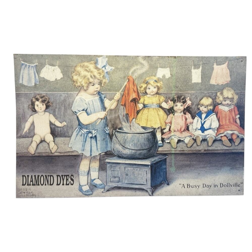 Vtg ‘94 Diamond Dyes A Busy Day In Dollville Metal Rectangular Laundry Ad Repro